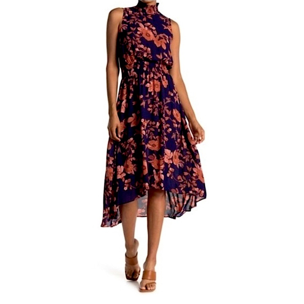 Nanette Lepore Smocked High Neck Navy Floral Hi Lo Midi Sleeveless Dress